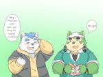  2020 4:3 anthro belly blush canid canine canis domestic_dog duo english_text eyes_closed fur green_body green_fur headphones kemono live-a-hero male mammal mokdai noichi_53 overweight overweight_male text video_games 