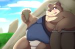  2020 anthro belly blush brown_body brown_fur bulge clothed clothing fur hi_res kemono kusosensei male mammal obese obese_anthro obese_male one_eye_closed outside overweight overweight_anthro overweight_male solo ursid wink 
