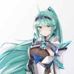  1girl bangs breasts chest_jewel earrings eyebrows_visible_through_hair green_eyes green_hair highres jewelry large_breasts long_hair long_ponytail pneuma_(xenoblade) ponytail sarasadou_dan simple_background smile solo swept_bangs tiara upper_body very_long_hair white_background xenoblade_chronicles_(series) xenoblade_chronicles_2 