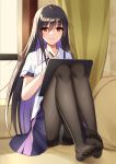  1girl black_hair black_legwear drawing drawing_tablet feet flan_(seeyouflan) full_body legs long_hair looking_at_viewer no_shoes original panties panties_under_pantyhose pantyhose pillow skirt soles solo thighhighs toes underwear white_panties yellow_eyes 