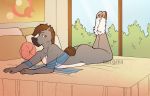  anthro bedroom_setting belly brown_eyes brown_hair butt dallas_prairiewind detailed_background equid equine fur girly grey_body grey_fur hair hooves horse looking_at_viewer lying male mammal markings morgdl nude on_front solo tail_aside white_belly white_markings 