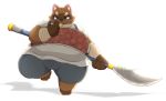  2020 anthro belly brown_body brown_fur canid canine clothed clothing fur hi_res humanoid_hands kemono kusosensei male mammal overweight overweight_anthro overweight_male raccoon_dog simple_background solo tanuki weapon white_background 