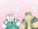  2020 4:3 anthro belly blush canid canine canis domestic_dog duo english_text eyes_closed fur green_body green_fur headphones kemono live-a-hero male mammal mokdai noichi_53 overweight overweight_male text video_games 