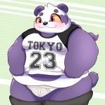  2020 alp_(tas) anthro belly blush bulge clothing fur giant_panda hi_res kemono kusosensei male mammal overweight overweight_male purple_body purple_fur shirt tokyo_afterschool_summoners topwear underwear ursid video_games white_body white_fur 