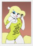  animaniacs anthro border bottomless cellphone clothed clothing english_text female gesture hi_res looking_at_viewer mammal minerva_mink mink mustelid musteline off_shoulder phone ricksteubens selfie shirt shirt_only solo text topwear topwear_only v_sign warner_brothers white_border 