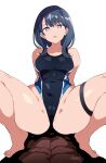  1boy 1girl abs absurdres barefoot batta_16-sei black_hair black_one-piece_swimsuit commentary_request competition_swimsuit covered_nipples grey_eyes gridman_universe highleg highleg_one-piece_swimsuit highres long_hair looking_at_viewer m_legs md5_mismatch multicolored_swimsuit one-piece_swimsuit pov resolution_mismatch simple_background sitting solo_focus spread_legs ssss.gridman straddling swimsuit takarada_rikka white_background 
