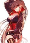  1girl aiguillette asymmetrical_legwear azur_lane belt black_choker breasts brown_belt brown_jacket choker corset cropped_jacket hair_between_eyes high_collar jacket jean_bart_(azur_lane) kiiro_(1718) large_breasts light_brown_hair long_hair looking_at_viewer looking_down ponytail red_corset red_eyes shaded_face short_shorts shorts simple_background single_thighhigh solo striped striped_legwear thighhighs very_long_hair white_background 