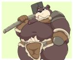  2020 anthro balls belly blue_eyes brown_body brown_fur clothing fur genitals hi_res kemono kusosensei loincloth male mammal moobs nipples obese obese_anthro obese_male overweight overweight_anthro overweight_male simple_background solo ursid weapon 
