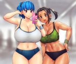  2girls :o arm_up armpits arung_samudra_(cessa) bangs bare_shoulders black_scrunchie blue_hair blurry blurry_background breasts brown_eyes brown_hair buruma cellphone cleavage curvy english_commentary erkaz eyebrows_visible_through_hair highres holding holding_phone large_breasts looking_at_phone multiple_girls navel open_mouth original phone ponytail red_eyes rina_atherina scrunchie self_shot side_ponytail smartphone sports_bra tan thick_thighs thighs toned wristband 