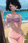  1girl arm_behind_back artist_name bangs bikini black_eyes black_hair blue_sky breasts cleavage cloud cloudy_sky cowboy_shot dappled_sunlight day girls_und_panzer looking_at_viewer matsui_yasutsugu medium_breasts navel ocean open_mouth outdoors purple_bikini short_hair signature skindentation sky smile solo standing strapless strapless_bikini string_bikini sunlight swimsuit thigh_gap utsugi_yuuki waves 