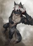  anthro black_body black_fur blood bodily_fluids canid canine canis fur genitals hair hi_res humanoid_genitalia humanoid_penis johnfoxart male mammal penis scar shower solo wet wet_body wet_fur white_hair wolf yellow_eyes 