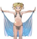  1girl bikini black_bikini blonde_hair bow_(bhp) braid braided_bun breasts closed_mouth commentary double_bun elf looking_at_viewer navel original outstretched_arms pelvic_curtain pointy_ears purple_eyes shawl short_hair simple_background small_breasts solo spread_arms standing swimsuit t-pose white_background 
