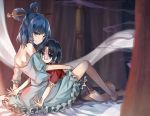  2girls barefoot blue_dress blue_eyes blue_hair commentary dress frills hair_ornament hair_rings hair_stick jiangshi kaku_seiga looking_at_viewer looking_back miyako_yoshika multiple_girls no_hat no_headwear off_shoulder ofuda on_bed outstretched_arms shawl shirt short_hair short_sleeves sitting skirt smile tare_(tonikaku_magaru) touhou zombie_pose 