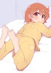  1girl ahoge bed blush blush_stickers brown_hair closed_mouth eyebrows_visible_through_hair feet_up from_behind hatafuta holding holding_pillow hoshino_hinata looking_at_viewer lying on_stomach pajamas pillow red_eyes shiny shiny_hair short_hair sidelocks solo watashi_ni_tenshi_ga_maiorita! 