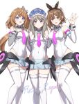 3girls absurdres atelier_(series) atelier_meruru atelier_resleriana atelier_ryza blue_eyes breasts brown_eyes brown_hair commission cosplay detached_sleeves grey_hair grey_skirt highleg highleg_leotard highres horseshoe_ornament large_breasts leotard lowleg lowleg_skirt luyue medium_hair mihono_bourbon_(umamusume) mihono_bourbon_(umamusume)_(cosplay) miniskirt multiple_girls necktie pink_necktie pixiv_commission reisalin_stout resna_sternenlicht skirt thighhighs totooria_helmold umamusume white_background white_leotard white_thighhighs zettai_ryouiki 