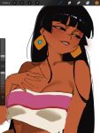  1girl biting_own_lip black_hair blunt_bangs breasts brown_lips chel_(el_dorado) cleavage dark-skinned_female dark_skin earrings english_commentary fruitcrunchi hand_on_own_chest highres hime_cut jewelry looking_to_the_side pink_tube_top raised_eyebrow simple_background solo strapless the_road_to_el_dorado tube_top two-tone_tube_top upper_body white_background 