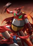  axe blood bloody_weapon cape debris embers gamiani_zero getter-1 getter_dragon getter_robo getter_robo_g highres holding holding_axe holding_clothes holding_scarf mecha no_humans scarf smoke solo_focus spikes stepped_on super_robot weapon yellow_eyes 