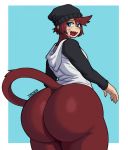  anthro bandage beanie big_butt blue_eyes bottomless bunybunyboi butt clothed clothing fur girly haplorhine hat headgear headwear hi_res hoodie huge_butt looking_back male mammal monkey open_mouth primate red_body red_fur solo thick_thighs topwear wide_hips 