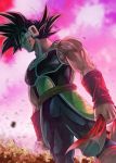  1boy bardock black_eyes black_hair bracer closed_mouth dragon_ball dragon_ball_z looking_afar male_focus mattari_illust monkey_tail muscle pink_sky saiyan_armor scar scar_on_face scouter solo standing tail 