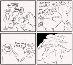  anthro belly big_belly comic duo earth english_text explosion facial_hair facial_piercing fart felid fist grunting hair humor lion male mammal mane mephitid nose_piercing nose_ring overweight overweight_male pantherine piercing profanity ruffythelion skunk text 