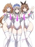  3girls absurdres arms_behind_back atelier_(series) atelier_meruru atelier_resleriana atelier_ryza blue_eyes breasts brown_eyes brown_hair commission cosplay detached_sleeves grey_hair highleg highleg_leotard highres horseshoe_ornament large_breasts leotard luyue medium_hair mihono_bourbon_(umamusume) mihono_bourbon_(umamusume)_(cosplay) multiple_girls necktie pink_necktie pixiv_commission reisalin_stout resna_sternenlicht thighhighs totooria_helmold umamusume white_background white_leotard white_thighhighs 