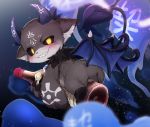  ambiguous_gender anthro black_sclera blush bottle dagasi demon detailed_background devidevi_devil featureless_crotch felid flying looking_at_viewer looking_back mammal night nijisanji pivoted_ears semi-anthro sky smile solo spade_tail wine_bottle wings yellow_eyes 