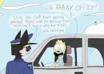 2025 absurd_res agusta anthro black_body black_ears black_eyewear black_fur black_nose black_sunglasses blue_clothing blue_crop_top blue_eyes blue_hat blue_headwear blue_shirt blue_topwear blush blush_lines canid canine canis car chest_tuft clothing cloud comic crop_top dialogue domestic_cat domestic_dog duo english_text eyewear felid feline felis floppy_ears fur grey_car happy hat head_tuft headgear headwear hi_res inside_car inside_vehicle looking_at_another male mammal multicolored_body multicolored_fur one_panel_comic open_mouth open_smile police police_hat police_officer police_uniform pulled_over shirt sitting sitting_in_car sky smile smiley_face speech_bubble standing stich_(agusta) sun sunglasses tan_body tan_fur text topwear tuft uniform uniformed_male vehicle white_body white_fur