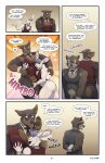  absurd_res annoyed anthro ball_grab balls blake_(thepurp) blush bottomless bottomless_male butt canid canine canis clothed clothing comic dialogue dobermann domestic_dog embarrassed finn_(thepurp) genitals grope group hi_res hudson_(thepurp) lagomorph leporid male male/male mammal muscular muscular_male pawpads pecs pinscher procyonid rabbit raccoon smile thepurp trio 