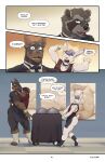  absurd_res annoyed anthro blake_(thepurp) butt canid canine canis cart clothing comic dialogue dobermann domestic_dog finn_(thepurp) flaccid genitals group hi_res hudson_(thepurp) lagomorph leporid male mammal muscular muscular_male nude paws penis pinscher procyonid rabbit raccoon serving_tray surprised thepurp topwear trio vest wall_art 