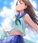  1girl armpits bird blue_skirt closed_eyes cloud cloudy_sky floating_hair hair_between_eyes long_hair midriff navel niina_ryou original pleated_skirt railing school_uniform serafuku skirt sky smile solo summer 