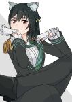  1girl animal_ear_fluff animal_ears biting biting_glove black_hair black_jacket black_pants cat_ears clothes_grab commentary figure_four_sitting foot_out_of_frame frilled_sleeves frills gentle_nyangasaki gloves green_necktie hair_ribbon highres jacket long_sleeves looking_at_viewer loose_necktie love_live! love_live!_nijigasaki_high_school_idol_club mifune_shioriko necktie neckwear_grab official_alternate_costume pants poizun_(user_wmgk4287) ribbon shirt short_hair simple_background sitting solo striped_clothes vertical-striped_clothes vertical-striped_necktie white_background white_gloves white_shirt yellow_ribbon 