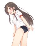  a_channel arm_behind_back ass bangs bare_legs bent_over black_hair bloomers blush breasts brown_hair commentary_request eyebrows from_side gym_shirt gym_uniform head_tilt long_hair looking_at_viewer mikazuchi_zeus nishi_yuuko open_mouth purple_eyes shirt sidelocks simple_background smile teeth thighs underwear white_background white_shirt 