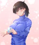  1girl artist_name blush breasts brown_eyes brown_hair closed_mouth cup ears kaga_(kantai_collection) kantai_collection large_breasts long_hair looking_at_viewer mani_oniniku parted_lips ribbed_sweater side_ponytail signature solo sweater turtleneck turtleneck_sweater upper_body 