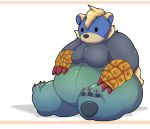  2020 anthro arzuros belly blue_body capcom djungelskog hi_res kemono kusosensei monster_hunter overweight overweight_anthro primatius simple_background sitting solo video_games 