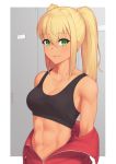  1girl abs bangs bare_shoulders blonde_hair border breasts cleavage closed_mouth collarbone dark_skin dumbbell_nan_kilo_moteru? eyebrows_visible_through_hair green_eyes hair_between_eyes highres jacket locker long_hair looking_at_viewer medium_breasts navel off_shoulder open_clothes open_jacket outside_border putcher red_jacket sakura_hibiki sidelocks solo sports_bra stomach upper_body white_border 