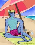  absurd_res anthro barefoot beach clothed clothing detailed_background dragon eyewear hair hi_res male meganwitt nipples outside sand scalie sea seaside sky smile solo sunglasses swimwear water 