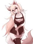  3:4 anthro buckle canid canine cleavage_cutout clothing dress female fox hair hi_res keyhole_turtleneck kymma kymmafox legwear long_hair mammal short_dress simple_background skirt_pull smile solo sweater thigh_highs topwear 