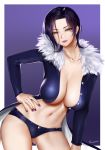  1girl ass_visible_through_thighs border breasts brown_eyes cleavage easonx eyebrows_visible_through_hair forehead fur_trim hand_on_hip highres jacket large_breasts lips looking_at_viewer merlin_(nanatsu_no_taizai) nanatsu_no_taizai navel no_bra open_clothes open_jacket outside_border purple_hair purple_shorts revealing_clothes short_hair short_shorts shorts solo two-tone_background white_border 