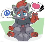  ! &lt;3 anthro balls blue_eyes bodily_fluids foreskin genitals hand_behind_back hand_on_ground hi_res looking_at_viewer male neck_tuft nintendo nokemop open_mouth peace_symbol penis pok&eacute;mon pok&eacute;mon_(species) red_paws simple_background sitting smile smiling_at_viewer solo solo_focus sweat sweaty_balls sweaty_genitalia thick_penis tuft video_games zorua 
