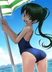  1girl ass beach_umbrella black_hair blue_sky blue_swimsuit cloud commentary_request competition_school_swimsuit cowboy_shot day dutch_angle eyebrows_visible_through_hair from_behind green_eyes highres holding holding_umbrella long_hair mountain ocean open_mouth original outdoors ponytail rohitsuka round_teeth school_swimsuit sky solo swimsuit teeth umbrella upper_teeth 