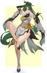  1girl absurdres arm_behind_head artist_name bangs breasts china_dress chinese_clothes commentary cosplay dress earrings elbow_gloves eyebrows_visible_through_hair fire_emblem fire_emblem:_the_blazing_blade fire_emblem_heroes full_body fur_trim genshin_impact gloves green_eyes green_hair hair_ornament hand_up highres jewelry lips looking_at_viewer lyn_(fire_emblem) medium_breasts ningguang ningguang_(cosplay) parted_lips ponytail ritence shiny shiny_hair shoes simple_background smile solo thighs tied_hair watermark 