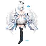  1girl animal bangs bare_shoulders bird black_footwear black_hair blue_eyes boots breasts cannon closed_mouth collarbone copyright_request dark_halo dress eyebrows_visible_through_hair feathered_wings full_body gloves hair_over_one_eye halo highres looking_at_viewer machinery medium_breasts shibanme_tekikumo short_hair silver_hair simple_background skirt_hold sleeveless sleeveless_dress smile solo standing thighhighs thighhighs_under_boots turret white_background white_dress white_gloves white_wings wings 