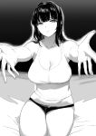  1girl absurdres breasts cleavage commentary english_text greyscale heart highres incoming_hug looking_at_viewer medium_breasts monochrome naoko-san naoko_(9113419) original outstretched_arms panties pogchamp reaching_out sitting solo spoken_heart tank_top underwear 