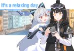  2girls black_hair canal caws_(girls_frontline) cellphone creator_connection english_text girls_frontline gloves goggles goggles_on_head hair_ribbon half_gloves highres long_sleeves multiple_girls phone red_eyes ribbon silver_hair smartphone smile tokarev_(girls_frontline) town yellow_eyes zukzuk13 