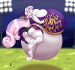  2020 absurd_res aged_up anthro badgerben belly big_belly big_breasts blues64 breasts butt cheerleader clothing cutie_mark digital_media_(artwork) equid equine female floodlight friendship_is_magic green_eyes hasbro hi_res horn huge_breasts hyper hyper_belly hyper_breasts mammal my_little_pony open_mouth outside pom_poms solo sweetie_belle_(mlp) unicorn 