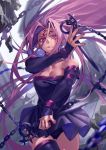  1girl bangs bare_shoulders black_dress black_footwear black_sleeves boots breasts cleavage collar detached_sleeves dress facial_mark fate/stay_night fate_(series) forehead_mark hiro_(hirohiro_gorira) large_breasts long_hair long_sleeves looking_at_viewer nameless_dagger purple_collar purple_hair rider short_dress strapless strapless_dress thigh_boots thighhighs thighs very_long_hair 