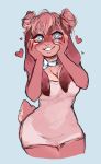  &lt;3 &lt;3_eyes anthro blue_eyes breasts cherry_(whatebber) chest_tuft cleavage closetcanibal clothed clothing dress female fur hair hair_buns hand_on_face lagomorph leporid long_ears mammal pink_body pink_fur pink_hair rabbit scut_tail short_tail smile solo teeth tuft wide_hips 