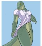  2020 alligator alligatorid anthro black_eyes blue_background bottomless breasts clothed clothing covered_breasts crocodilian f_draws female green_body green_scales hi_res medium_breasts non-mammal_breasts portrait reptile scales scalie shirt shirt_tug simple_background solo t-shirt three-quarter_portrait topwear white_clothing white_shirt white_topwear yellow_sclera 