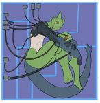  4_toes abstract_background ambiguous_gender anthro black_eyes cybernetic_arm cybernetic_tail f_draws flat_colors green_body hi_res hindpaw looking_at_viewer paws pupils scalie side_view slit_pupils solo toes wire yellow_sclera 