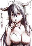  1girl black_hair breasts cleavage danua dress fingerless_gloves gloves granblue_fantasy horn_ornament horns jewelry large_breasts long_hair looking_at_viewer necklace pointy_ears red_eyes simple_background solo ueyama_michirou white_background 